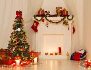 Christmas Room Interior Design Xmas Tree Decorated By Lights Presents Gifts Toys Fireplace and Candles Lighting Indoors